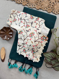 Dark Green Khadi Cotton Saree With Embrodery Work Stitched Blouse