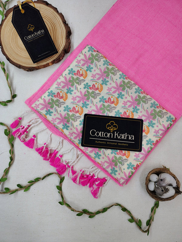 Baby Pink Khadi Cotton Saree With Printed Designer Un-Stitched Blouse