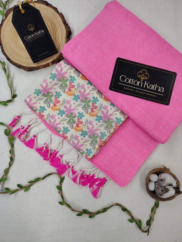 Baby Pink Khadi Cotton Saree With Printed Designer Un-Stitched Blouse