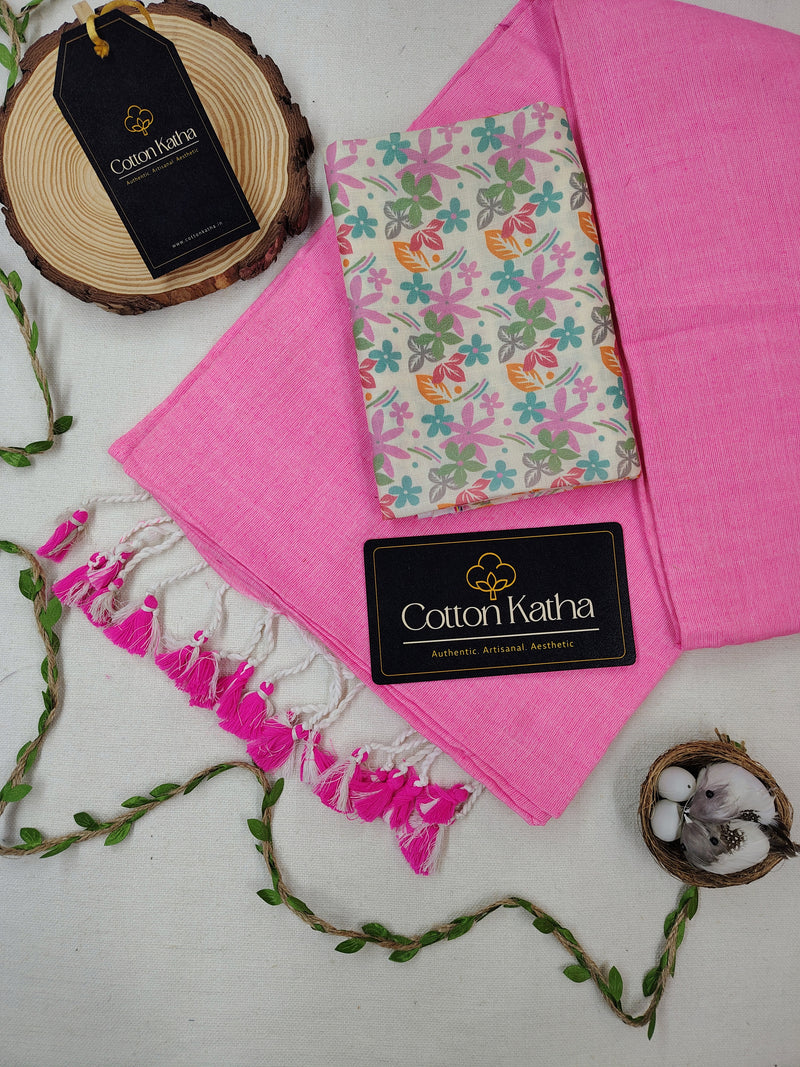 Baby Pink Khadi Cotton Saree With Printed Designer Un-Stitched Blouse