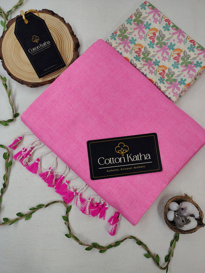 Baby Pink Khadi Cotton Saree With Printed Designer Un-Stitched Blouse