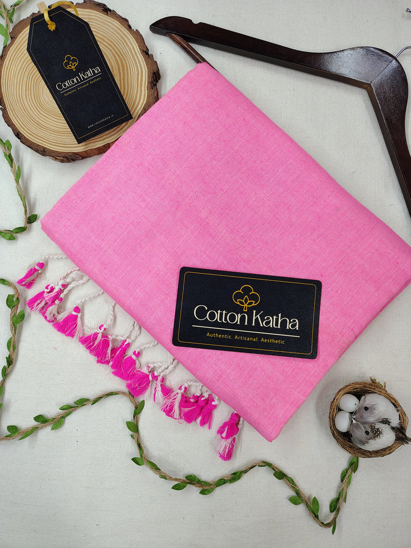 Baby Pink Khadi Cotton Saree With Printed Designer Un-Stitched Blouse