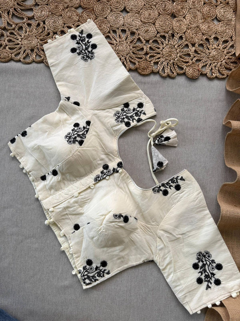 Olive green Khadi Cotton Saree With Embrodery Work Stitched Blouse