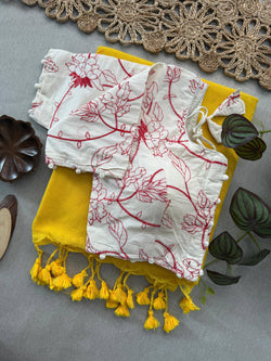 Yellow Handloom Cotton Saree With Embrodery Work Stitched Blouse