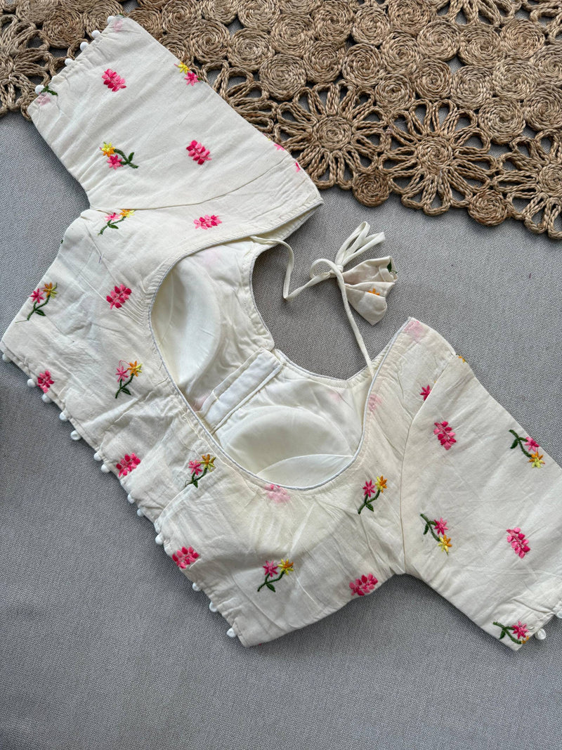 Baby Pink Khadi Cotton Saree With Embrodery Work Stitched Blouse