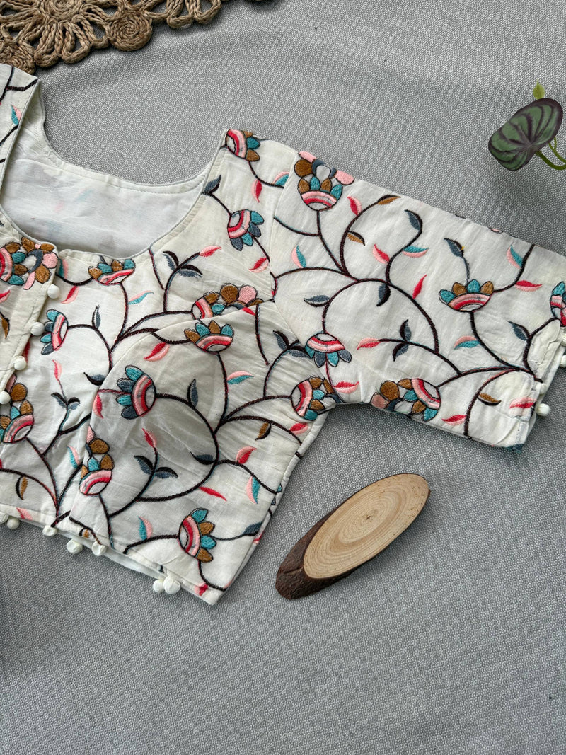 Sky Khadi Cotton Saree With Embrodery Work Stitched Blouse