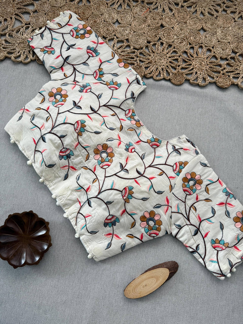 Sky Khadi Cotton Saree With Embrodery Work Stitched Blouse