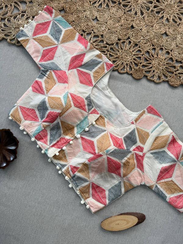 Baby Pink Khadi Cotton Saree Embrodery Work Stitched Blouse