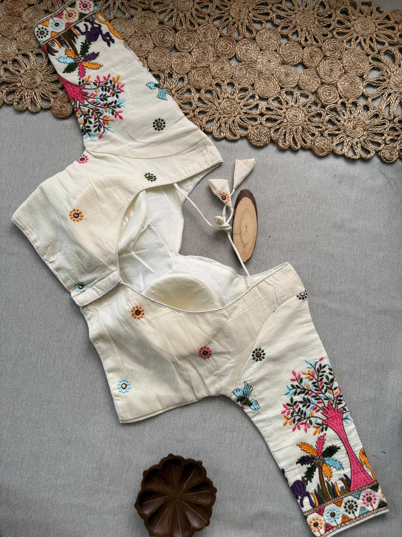 Vanika Sky Khadi Cotton Saree With Embrodery Work Stitched Blouse